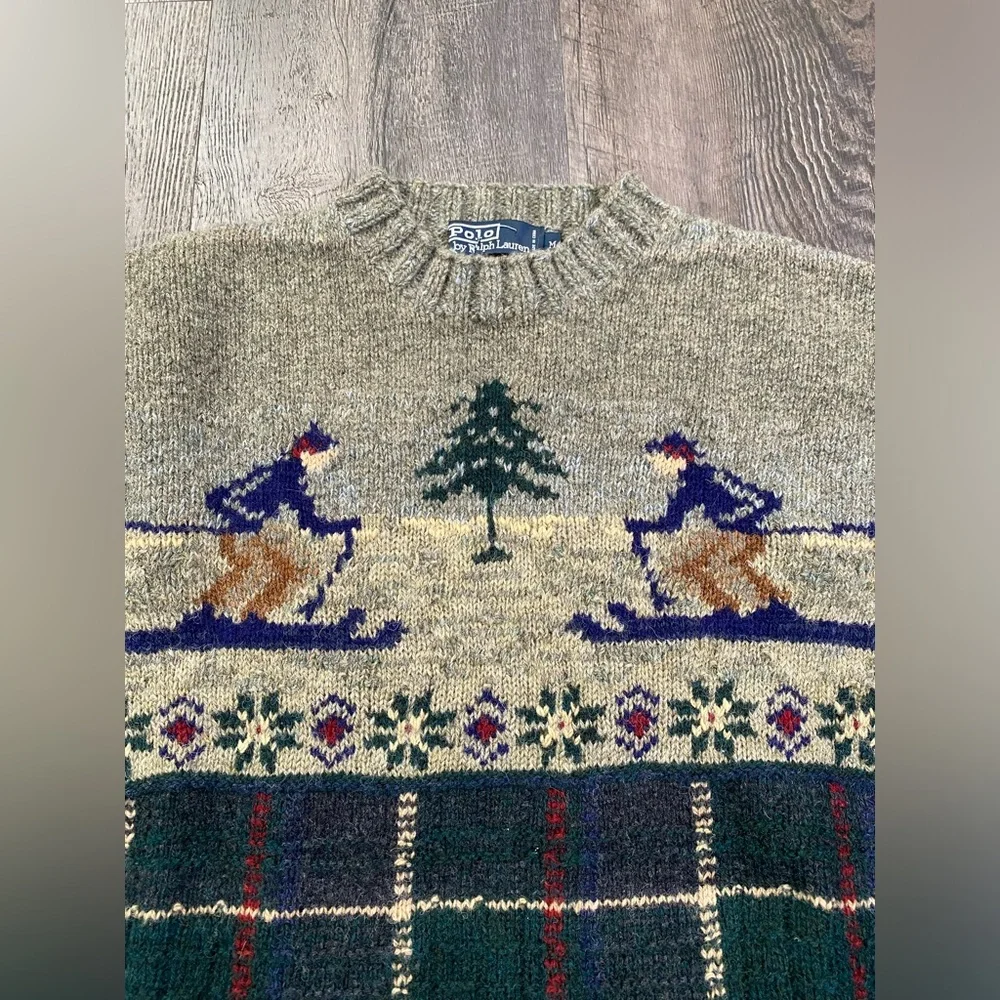 POLO Ralph Lauren All Over Ski Vintage 100% Wool Hand Knit Men’s Sweater - Picture 2 of 5